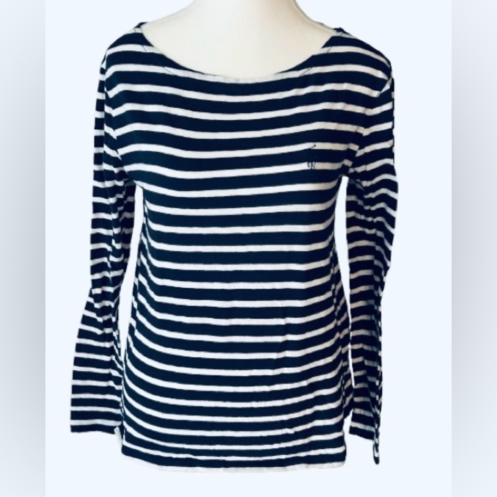 Ralph Lauren Cotton Navy Blue White Cotton Shirt Long Sleeved Tee Polo Logo Med